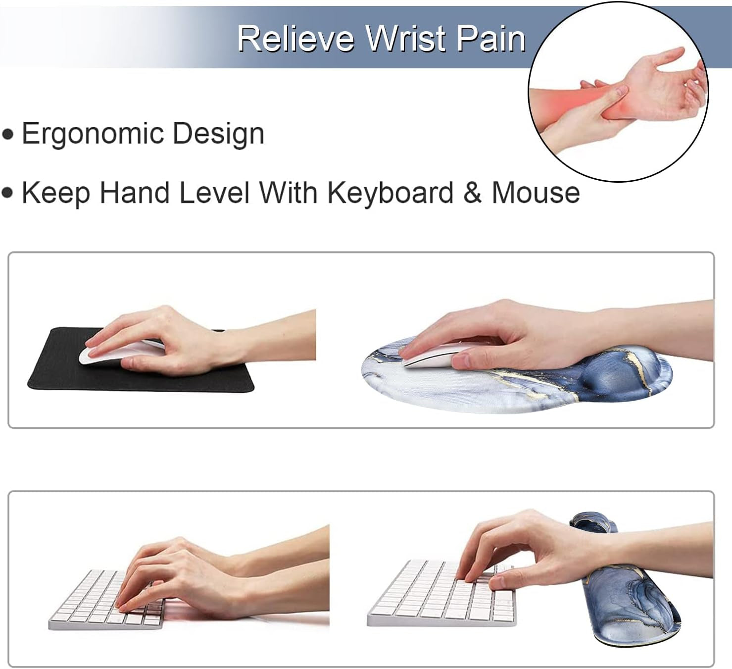 Mouse Pad with Wrist Support Keyboard Wrist Rest Set, Ergonomic Mouse Pad with Non-Slip Base for Computer Home Office + Coasters, Easy Typing & Pain Relief Mouse Mat, Dark Blue Marble