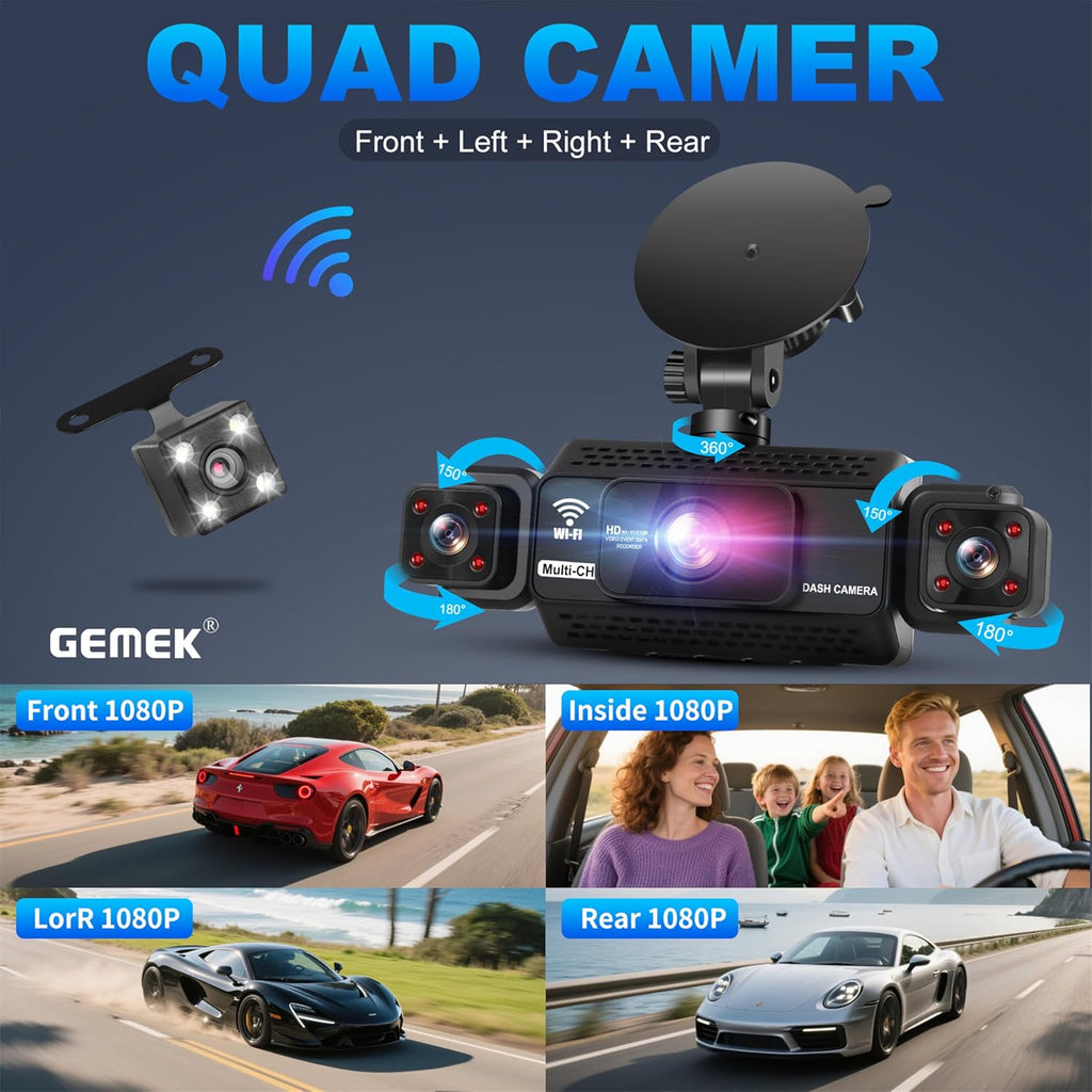 4 Channel Dash Cam 360° View 5G Wifi & APP Control,  2K Front and Rear Inside, Left Right Dash Camera for Cars Free 64GB TF Card, G-Sensor, Night Vision, 24H Parking Mode