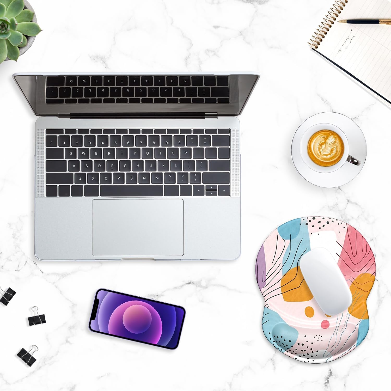 Ergonomic Mouse Pad with Gel Wrist Support Small Wrist Rest Smooth Surface Non-Slip PU Base Comfortable Office Supplies Pain Relief, 8.7 X 7.2 Inches, Art Style Pattern