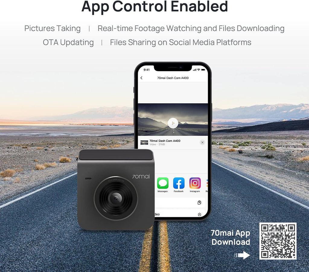 Dash Cam A400, Gray, Front and Rear 2K QHD, 2" LCD, Built in Wifi, Parking Monitor, 145° Wide-Angle FOV, WDR Night Vision, Ios/Android Mobile App